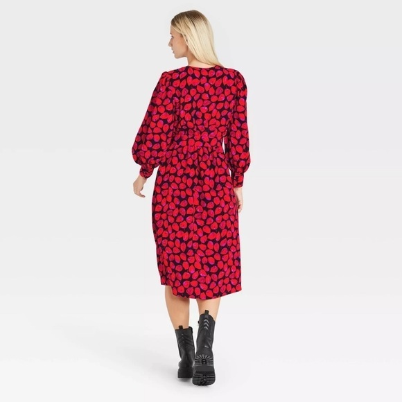 Who What Wear Long Sleeve Bold Button Dress Black Red Floral Leaf sz Large - Picture 2 of 8
